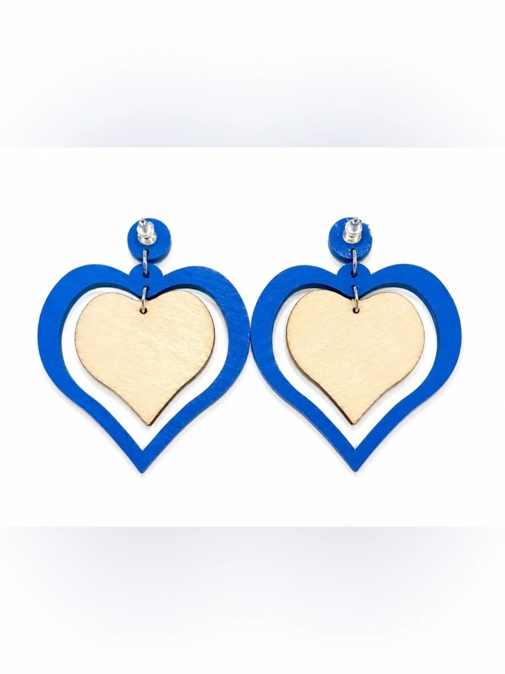 Blue Heart Drop Earrings Wooden Statement Lightweight